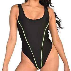 One By One Women's Cybernetic Neon Contrast Bodysuit- Black